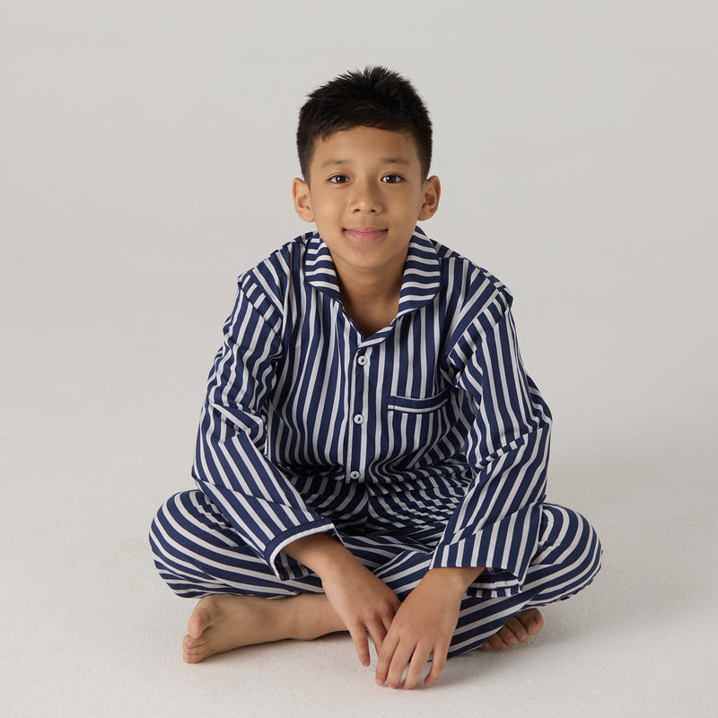 Navy Bold Striped Pajama Set For Kids