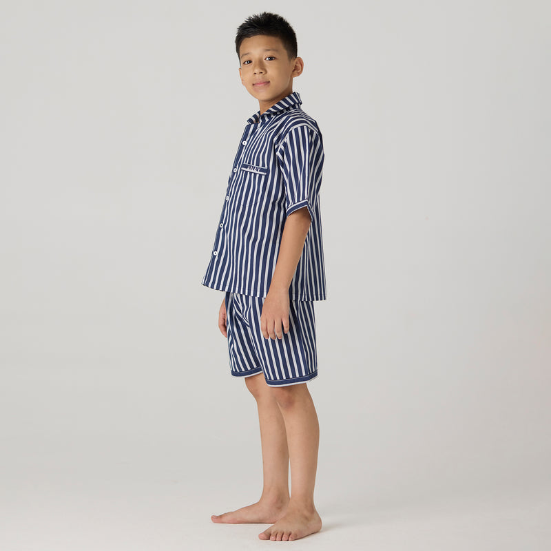 Navy Bold Striped Shorts Set For Kids