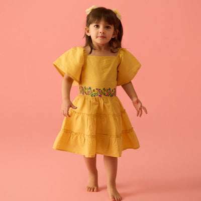 Alina Embroidered Linen Dress - Mustard