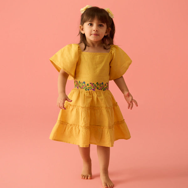 Alina Embroidered Linen Dress - Mustard