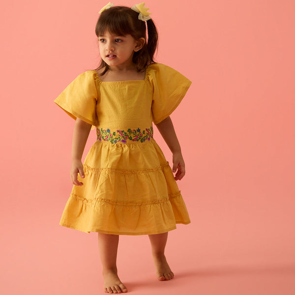 Alina Embroidered Linen Dress - Mustard