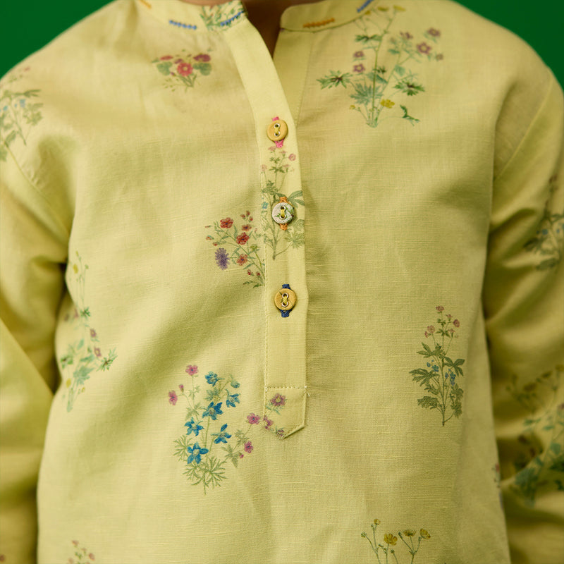 Kash Floral Linen Kurta Set - Pistachio