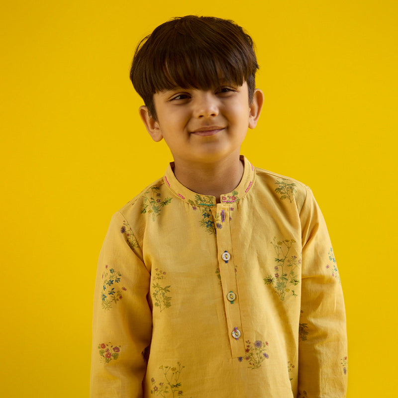 Kash Floral Linen Kurta Set - Mustard